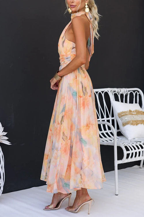 Marissa – Maxi Dress with Halter Neck and Open Back in Watercolor